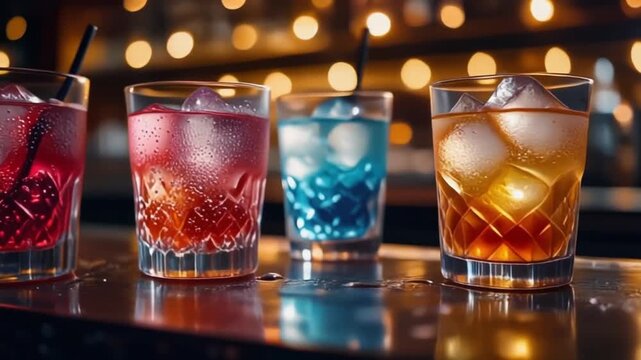 Nightlife and celebration concept. A row of colorful cocktails on a wet bar counter with a warm bokeh lights background.