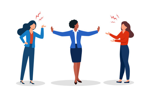 Conflict management and mediation. Woman mediate argue of team. Design for corporate training, business