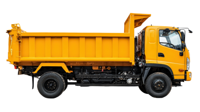 Side view of yellow earth moving truck with raised open-box bed isolated on a Transparent background, PNG file.