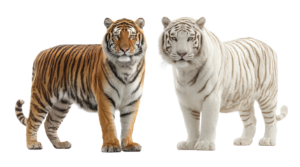 Side-by-side comparison of Bengal tiger and white tiger background isolated on a Transparent background, PNG file.