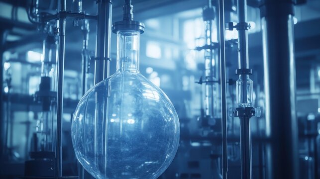 Glass flask in laboratory being used for scientific research