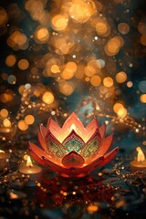 Floating lantern flower illuminated at night with bokeh lights