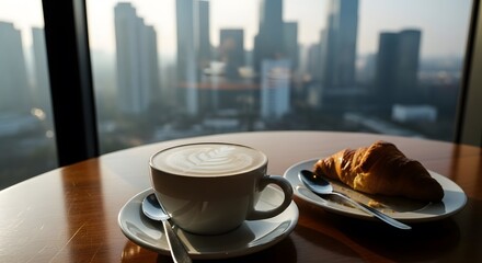 Cup of coffee and croissant on a table with a city skyline in the background