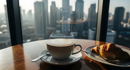 Cup of coffee and croissant on a table with a city skyline in the background
