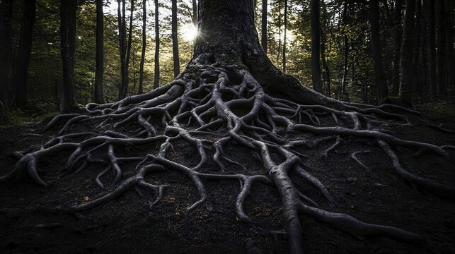 Gnarled tree roots intertwined in a dark forest environment