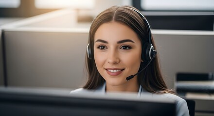 Smiling woman with headset working at computer in office.