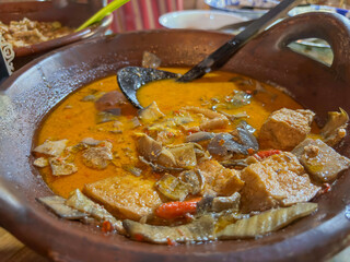Creamy Coconut Milk Stew with Tofu, Eggplant, and Chili in a Clay Pot