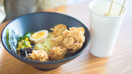 Delicious Ramen Noodle Soup with Crispy Fried Chicken and Egg