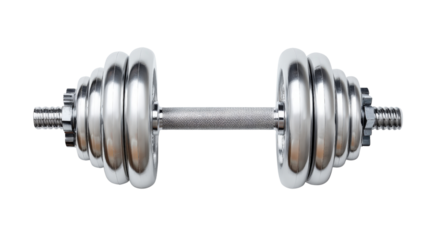 Single adjustable dumbbell with metal plates arranged neatly isolated on a Transparent background, PNG file.