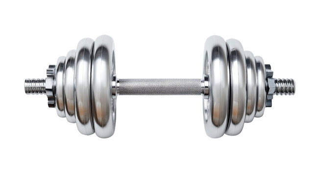 Single adjustable dumbbell with metal plates arranged neatly isolated on a Transparent background, PNG file.
