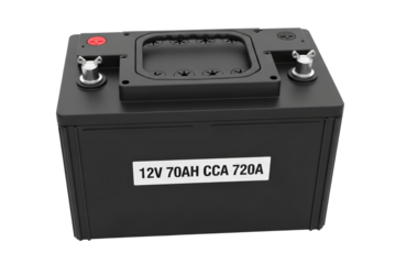 Black 12V 70AH CCA 720A Car Battery With Silver Terminals isolated on Transparent Background