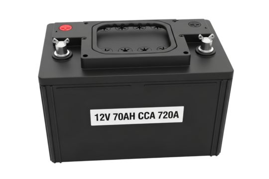 Black 12V 70AH CCA 720A Car Battery With Silver Terminals isolated on Transparent Background