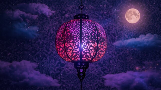 Ornate moroccan lantern illuminated against a starry night sky with full moon