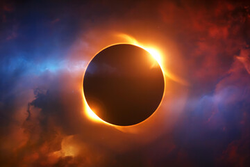 Obraz premium Solar Eclipse: A Cosmic Phenomenon Captured in Vibrant Detail with Mystical Energy and Stellar Atmosphere