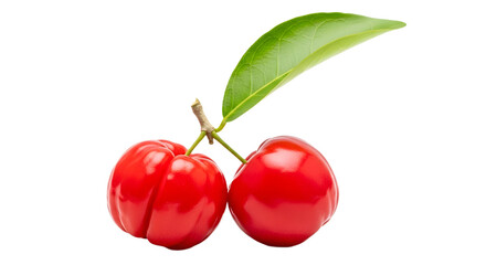 Two red acerola cherries with a green leaf attached on transparent background