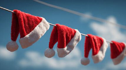 Red Santa hats hanging on clothesline against blue sky create festive and cheerful atmosphere