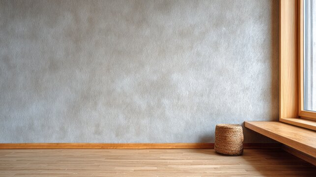 Empty room with textured wall, wooden floor, and a woven stool by the window.