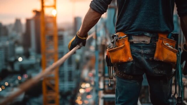 Worker on a high-rise, city skyline sunset, holding a rope