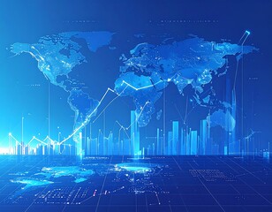A stylized map of the world with graphs, charts, and data points