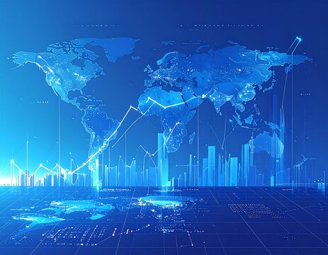 A stylized map of the world with graphs, charts, and data points - Powered by Adobe