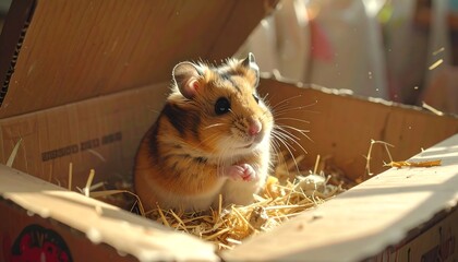 Charming hamster sits inside a cardboard box with hay, adorable pet concept