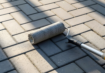 Closeup of a paint roller applying sealant to brick pavers, enhancing their color and protecting them from the elements, creating a durable and attractive surface