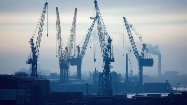 Industrial Cranes Silhouetted Against a Hazy Skyline