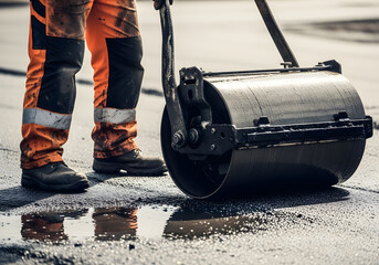 Close up of a construction worker using a hand roller to smooth out fresh asphalt on a road surface, showcasing the process of road repair and maintenance
