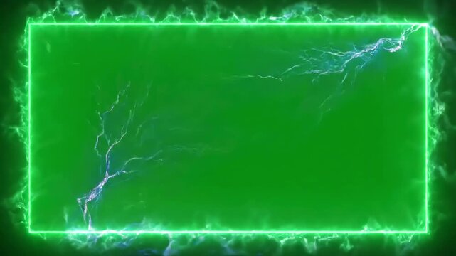 Green Screen seamless looping lightning neon energy frame background or border on scene 3 with distortion, overlay, glitch, static noise, scan lines black background, 4k animated video loop