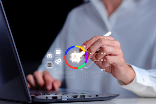 Modern Business Person Engaging with Digital Interface and Technology Concepts for Data Analysis, Data Visualization, and Innovation in Office Environment