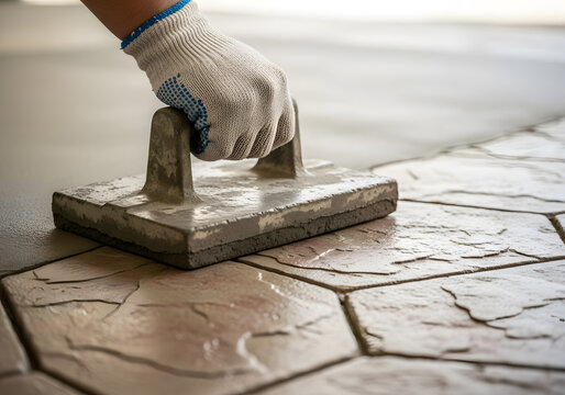 A gloved hand uses a specialized stamping tool to imprint a decorative, stone like pattern onto freshly poured wet concrete, transforming the plain surface into an attractive, textured finish