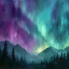 Vibrant aurora borealis dances across a starry night sky above silhouetted mountain ranges and pine forests, creating a breathtaking celestial spectacle