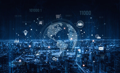 Global AI-powered digital network ecosystem connecting data, finance, analytics, ecommerce, communication, and automation across continents through technology and cloud Vouch