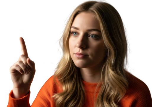 Young woman pointing finger isolated on transparent background