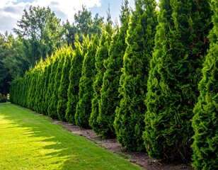 A neat row of evergreen trees creating a natural hedge