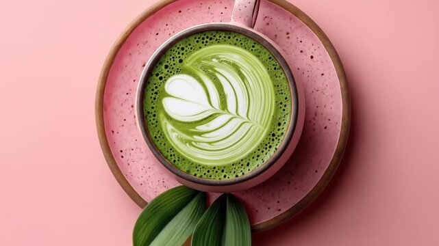 A top-down view of a frothy green beverage with latte art, placed on a pink saucer