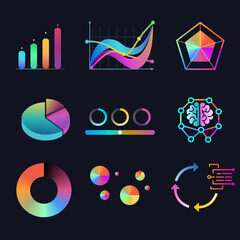 Set of colorful and modern data analysis charts and graphs with a bright neon gradient, perfect for business infographics, presentation slides, and technology reports