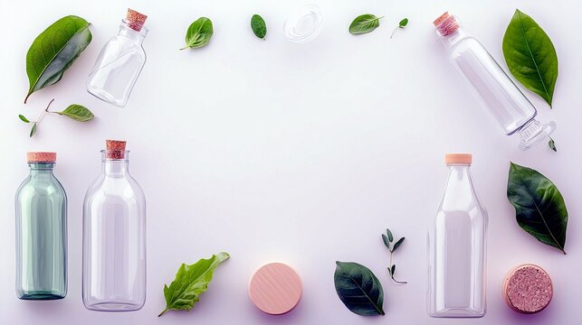 A flat lay composition featuring various glass bottles, cork stoppers, and fresh green leaves on a clean white surface.
