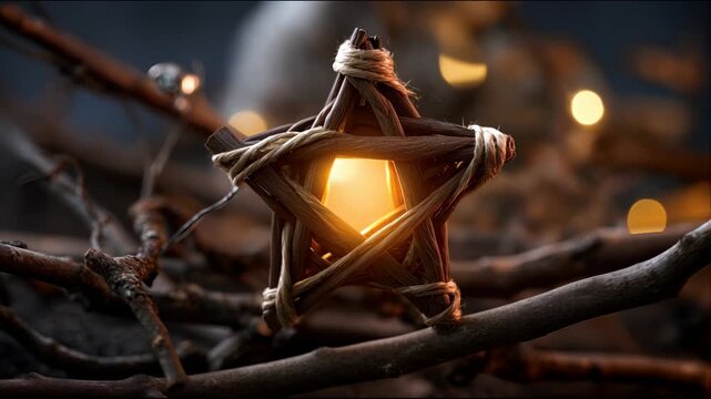 A wooden star tied with twine rests among dry branches, illuminated by a warm yellow light creating a cozy atmosphere