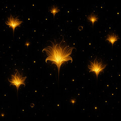 AI generated glowing golden flowers floating in dark space with soft radiant light expressing mystical calm dreamlike beauty and gentle ethereal energy