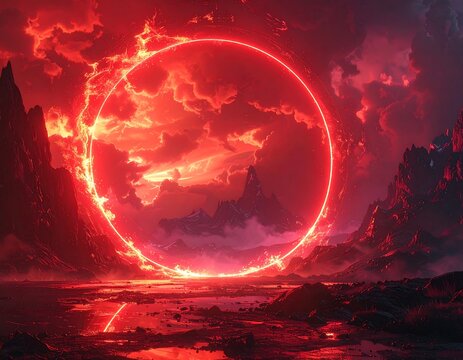 Surreal landscape with fiery red ring and mountainous backdrop