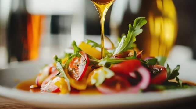 Liquid dressing pouring over a fresh vibrant salad