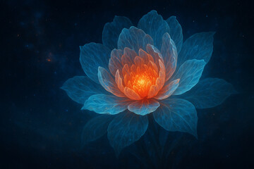 AI generated ultra realistic cosmic floral energy artwork featuring translucent blue petals and a glowing warm core floating in deep space with a serene mystical atmosphere