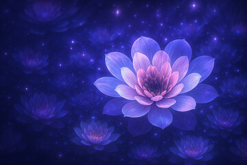 AI generated glowing cosmic flower blooming in deep violet space with radiant translucent petals soft stardust atmosphere and serene mystical energy