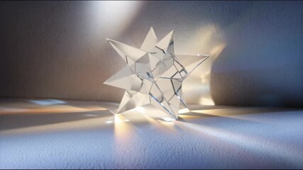 A glass star prism stands on a bright surface, as a beam of light passes through it, splitting into a rainbow and casting colorful reflections - Powered by Adobe