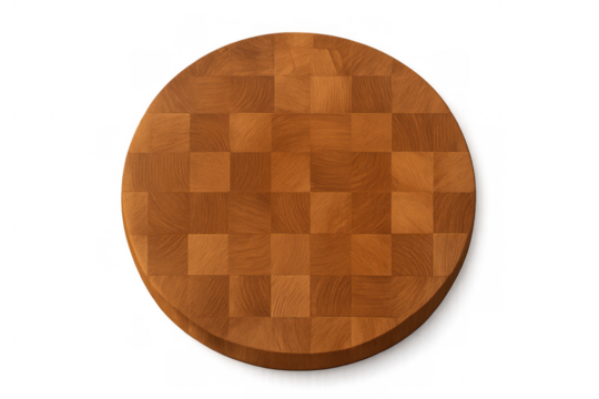 Round end grain cutting board featuring a checkerboard pattern. Perfect for food preparation and culinary concepts. Transparent background