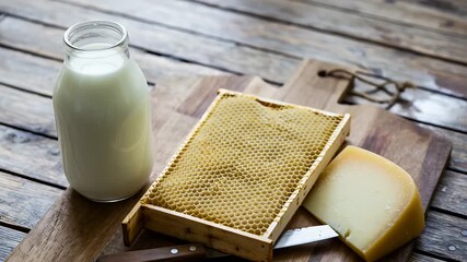 Farm fresh dairy milk honeycomb and artisan cheese on rustic wooden background with natural light - Powered by Adobe