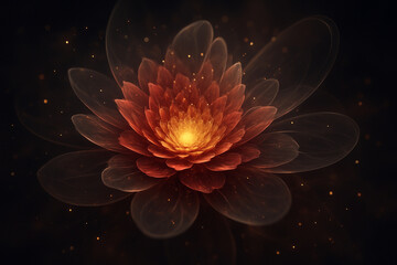 AI generated radiant lotus flower glowing softly in warm light floating in darkness creating a calm ethereal and spiritual atmosphere with delicate layered petals and a sense of inner serenity