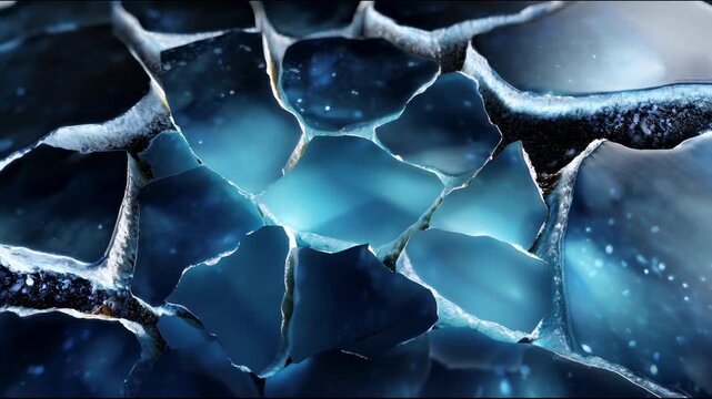 A frozen ice surface is covered with deep cracks revealing blue light underneath, while frost and snow particles settle along the edges