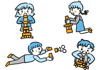 積み木で遊ぶ子どもたちのイラスト／保育園・幼稚園・療育素材